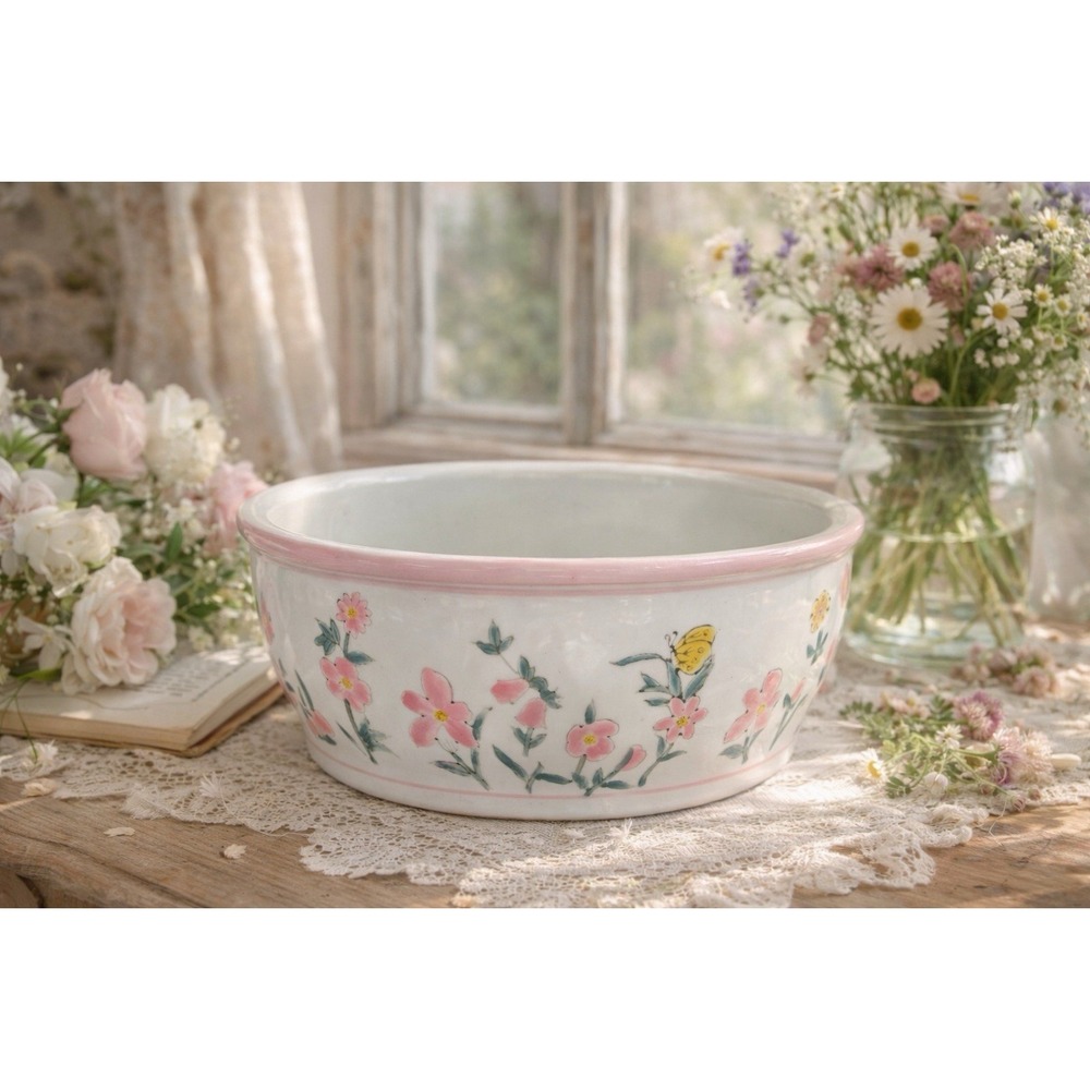 Vintage Floral Pink Rim‎ Stoneware Ceramic Bowl Planter Cottagecore